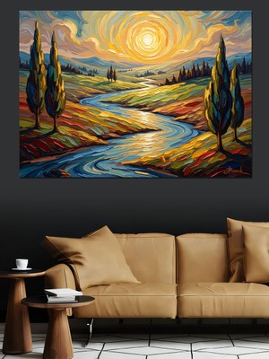 Artmeg Nehir Kıyısı ve Servi Ağaçları Dekoratif Kanvas - Mdf Ahşap Tablo