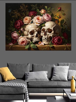 Artmeg Çiçekli Kuru Kafalar Natürmort Tablo Dekoratif Kanvas - Mdf Ahşap Tablo