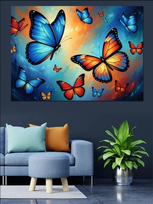 Artmeg Mavi Kanatlı Estetik Kelebekler Tablosu Dekoratif Kanvas - Mdf Ahşap Tablo