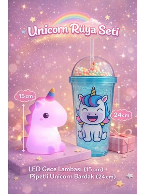 Home Dekor Hediye 2 Li Set Işıklı renkli Unicorn Figürlü Gece Lambası & Pipetli Boncuk Detaylı Suluk Bardak Mavi 450ML