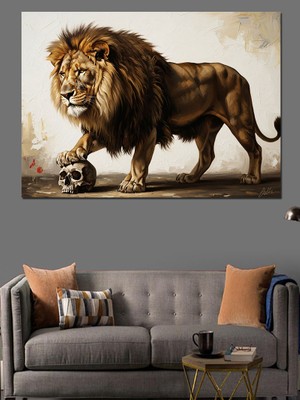 Artmeg Kafataslı Heybetli Aslan Kral Tablosu Dekoratif Kanvas - Mdf Ahşap Tablo