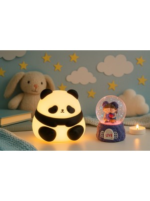 Home Dekor Hediye 2 Li Sevgiliye Romantik Hediye Seti Slikon Panda Renkli LED Gece Lambası ve 9 cm Mor Kar Küresi Set