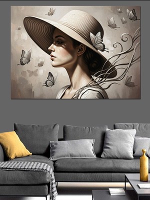 Artmeg Şapkalı ve Zarif Kadın Profili Dekoratif Kanvas - Mdf Ahşap Tablo