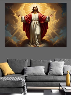 Artmeg Bulutlar Üzerinde Kutsal Isa Figürü Dekoratif Kanvas - Mdf Ahşap Tablo