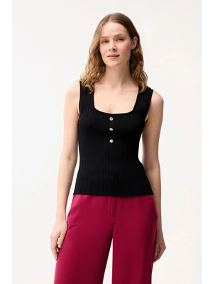 Love My Body Kolsuz Düğmeli Triko Bluz Siyah 115L9914000