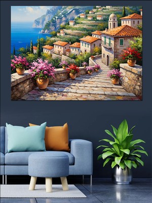 Artmeg Sahil Kasabası ve Çiçekli Yollar Dekoratif Kanvas - Mdf Ahşap Tablo
