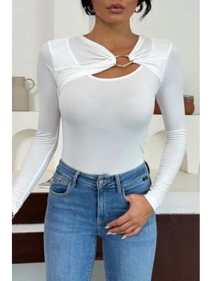 Zishan Fashion Kadın Altın Toka Aksesuarlı Pencere Detaylı Uzun Kollu Bluz 10131