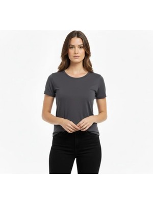 MiraLive Miray- T-Shirt Bisiklet Yaka Slim Fit Likralı Tişört Günlük Basic Body - Füme