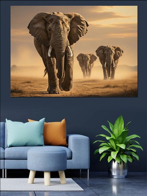 Artmeg Çölde Yürüyen Üç Dev Fil Dekoratif Kanvas - Mdf Ahşap Tablo