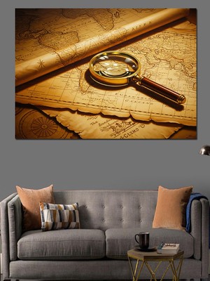 Artmeg Büyüteç Altında Eski Harita Detayı Dekoratif Kanvas - Mdf Ahşap Tablo
