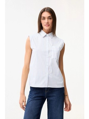 Love My Body Vatkalı Çizgili Gömlek Mavi 130L9971000