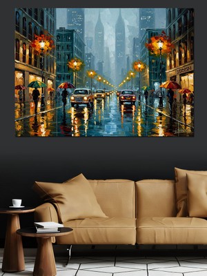 Artmeg Yağmurlu Şehir Caddesi Işıklar Dekoratif Kanvas - Mdf Ahşap Tablo