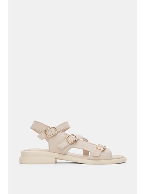 Selin Shoes Bloss 3'lü Lastik Toka Detaylı Hakiki Deri Kadın Sandalet- Ekru