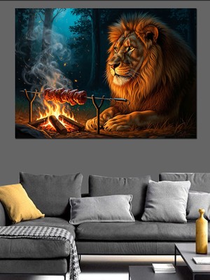 Artmeg Kamp Ateşi Yanında Aslan Dekoratif Kanvas - Mdf Ahşap Tablo