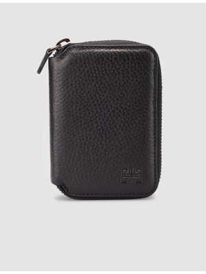 Cabani Siyah Dokulu Hakiki Deri Fermuarlı Kartlık Cüzdan