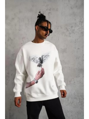 MiraLive Miray- Erkek Güvercin Baskılı Sweatshirt - Beyaz