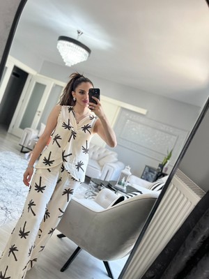 Moda Palmiye Desenli Keten Takım