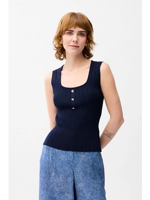 Love My Body Kolsuz Düğmeli Triko Bluz Lacivert 115L9914000