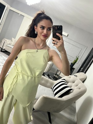 Moda Sarı Tek Omuzdan Bağlamalı Takım