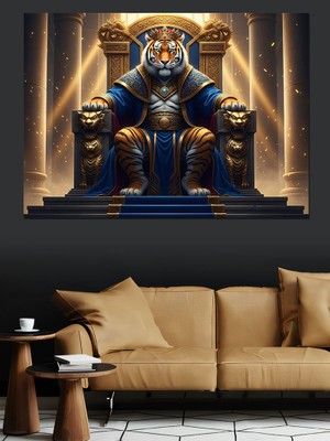 Artmeg Tahtta Oturan Görkemli Kaplan Kral Dekoratif Kanvas - Mdf Ahşap Tablo