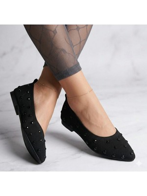 Kindep (Park Moda) Taş Detaylı Triko Kadın Babet Siyah