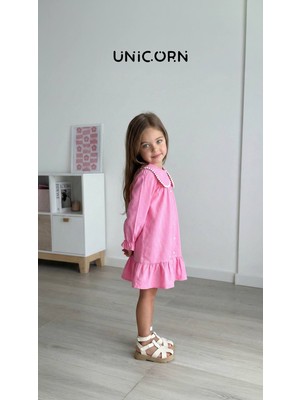 Kr Kids Butik Kız Çocuk Pembe Peter Pan Yaka Düğmeli Elbise – Uzun Kollu Fırfır Detaylı Günlük Çocuk Elbisesi