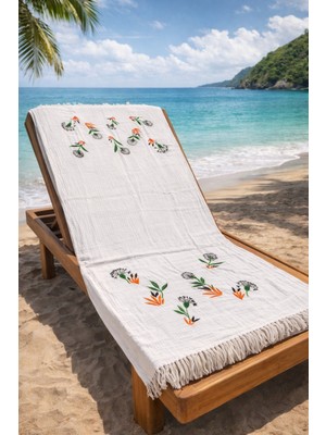 Lunga Vita Müslin Peştemal Basklı %100 Pamuklu Organik Plaj Havlusu Keten 3 Katlı Lüks Peştemal