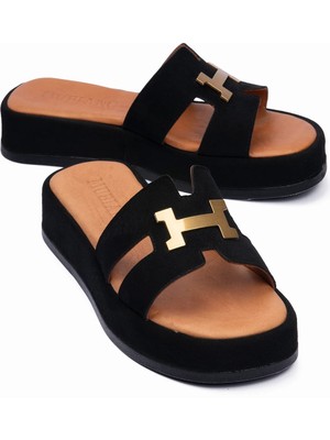 Mubiano Kadın Süet Terlik Hakiki Deri Iç Tabanlı Gold Metal Aksesuarlı Kalın Tabanlı Helena Siyah