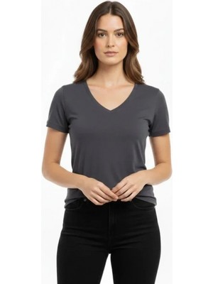 MiraLive Miray- T-Shirt V Yaka Slim Fit Likralı Tişört Günlük Basic Body - Füme