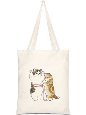 Çınar Bez Çanta Çınar Cats Size Baskılı Krem Bez Çanta Pamuk Malzemeden Desenli Tasarım 35 x 40 cm