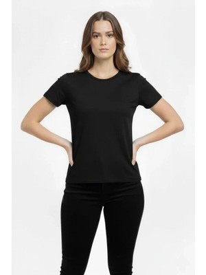 MiraLive Miray- T-Shirt Bisiklet Yaka Slim Fit Likralı Tişört Günlük Basic Body - Siyah