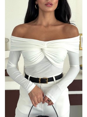 Kadın Madonna Yaka Düğüm Detaylı Uzun Kollu Drapeli Bluz 10125