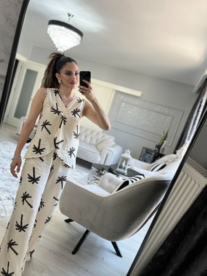 Moda Palmiye Desenli Keten Takım