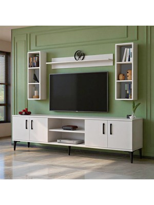 Moonlife Jota 4 Kapaklı Üst Duvar Raflı Dolaplı Tv Ünitesi Beyaz