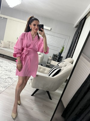 Moda Bağlama Detaylı Kruvaze Pembe Elbise
