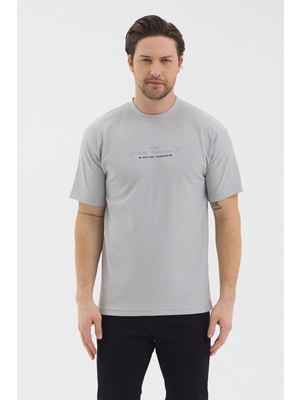 Werroni Erkek Gri Renk Jakarlı Kumaş Kendinden Dik Çizgili Baskılı Slim Fit T-Shirt