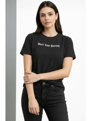 MiraLive Miray- Wafıl Kumaş Tişört Regular Kalıp Bisiklet Yaka Baskılı Günlük Basic T-Shirt - Siyah