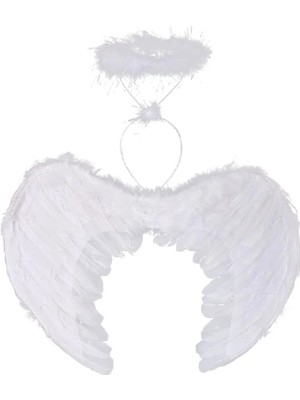 Flamex Beyaz Renkli Tüylü Bebek Melek Kanadı ve Tacı 30X45 cm