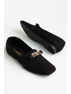 Dilimler Ayakkabı Kadın Babet Siyah Tekstil Malzeme Küt Burunlu Taşlı Fiyonk