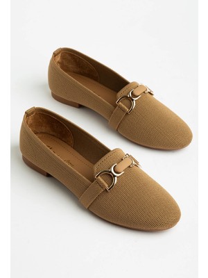 Dilimler Ayakkabı Büyük Beden Kadın Babet Vizon Tekstil Yuvarlak Burun Tokalı