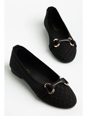 Dilimler Ayakkabı Büyük Beden Kadın Babet Siyah Tekstil Örme Desenli Tokalı