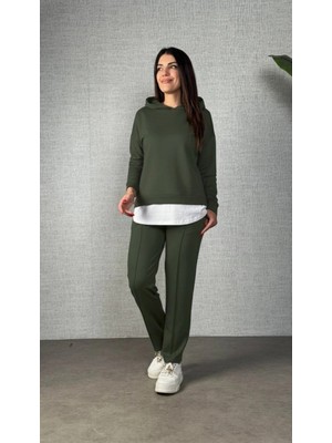 MiraLive Miray- Kadın Uzun Kollu Kapşonlu Bağcıklı Viskon Iki Iplik Bluz ve Pantolon Ikili Takım