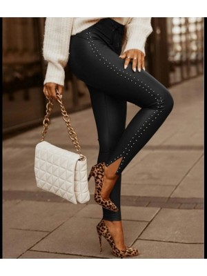 MiraLive Miray- Kadın Yüksek Bel Yanlardan Incili Yırtmaçlı Uzun Deri Tayt