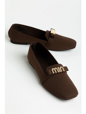 Dilimler Ayakkabı Kadın Babet Kahverengi Tekstil Malzeme Küt Burunlu Taşlı Fiyonk