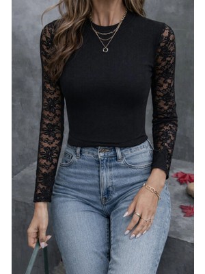 MiraLive Miray- Kadın Uzun Kollu Yarı Balıkçı Yaka Tüllü Kaşkorse Bluz