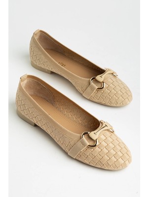 Dilimler Ayakkabı Büyük Beden Kadın Babet Bej Tekstil Örme Desenli Tokalı