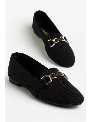 Dilimler Ayakkabı Büyük Beden Kadın Babet Siyah Tekstil Yuvarlak Burun Tokalı