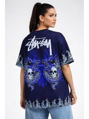 MiraLive Miray- Lacivert Oversize Tişört Dragon - Kuru Kafa Baskılı Bisiklet Yaka T-Shirt - Lacivert