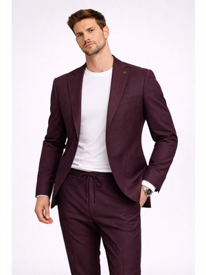 FABIO CASSEL Franko Cardını Bordo Çizgili Casual Takım Elbise – Torba Cepli Ceket & Ipli Pantolon Modern Slim Fit