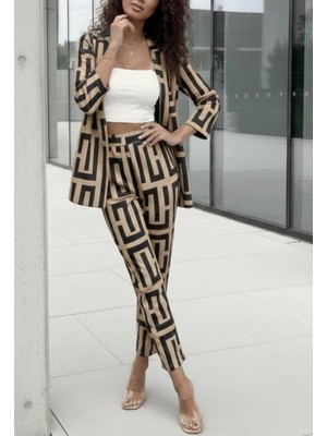 MiraLive Miray- Kadın Uzun Kollu Önü Açık Desenli Iki Iplik Ceket ve Pantolon Ikili Takım